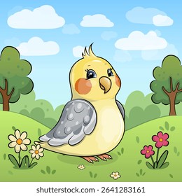 Cute Cartoon Parrot in Nature. Vector illustration of an animal with red and white flowers, grass and trees.