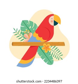 Cute cartoon parrot on a branch with tropical leaves and flowers. Vector illustration of an exotic bird. Perfect for nursery and kids wall art, t-shirt print. 