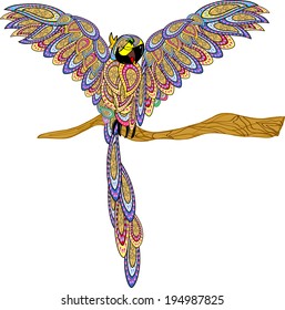 Cute cartoon parrot on isolated white background, vector illustration. drawing consists of doodles. Colorful doodles.Drawing for the magnet. Parrot sitting on a branch. eps 8. All in a single layer.  