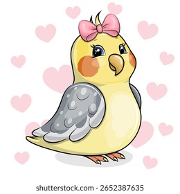 Cute Cartoon Parrot with pink hair bow. Vector Illustration with animal on white background with pink hearts.
