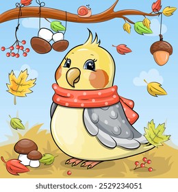 Cute cartoon parrot with a red scarf. Autumn vector illustration of an animal on a blue background with clouds.