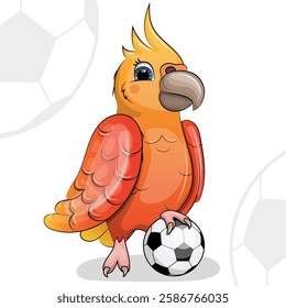 Cute cartoon parrot with soccer ball. Vector illustration of an animal playing football on a white background with balls.