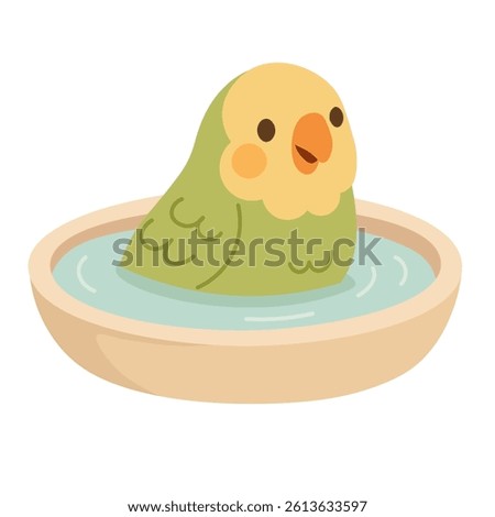 Cute cartoon parrot taking a bath in round bowl. Flat vector illustration of exotic pet bird.