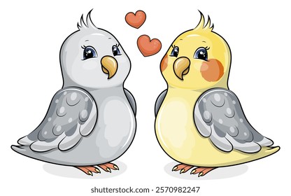 Cute cartoon parrots couple. Vector illustration of animals with two red hearts on white background.