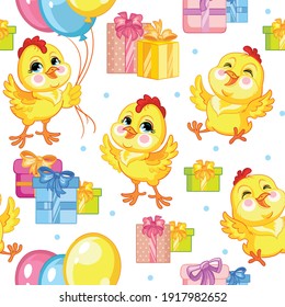Cute cartoon party chickens with balloons and presents. Vector seamless pattern on white background. Illustration for party, print, baby shower, wallpaper, design, decor,design cushion, linen, dishes