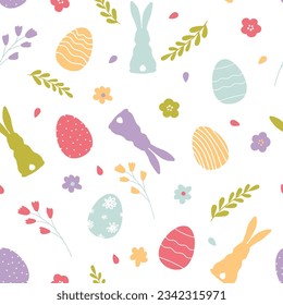 Cute cartoon pastel spring Easter bunnies with sprigs flowers, hearts.Seamless colorful vector pattern in flat style.