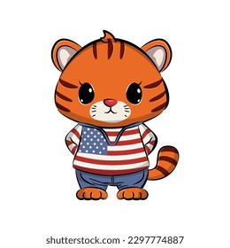 Cute cartoon patriotic tiger, independence day. Vector illustration.