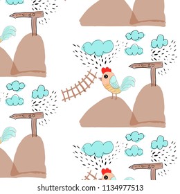 Cute cartoon pattern of birds and modern home