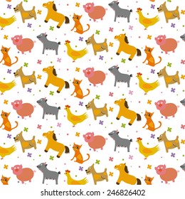 Cute cartoon pattern with bright animals, including the cat, dog, horse, goat, pig, chicken