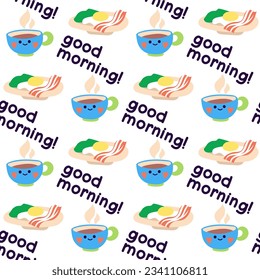 Cute cartoon pattern with a cheerful mug of tea, breakfast on a plate and a wish for a good day. Good morning. Printing on textiles, wrapping paper, greeting cards, etc