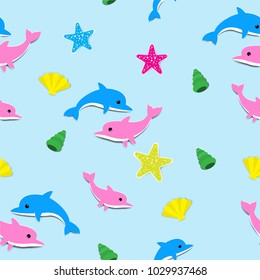 cute cartoon pattern Dolphin,starfish,shell,paper cut,digital crsft style.vector illustration.