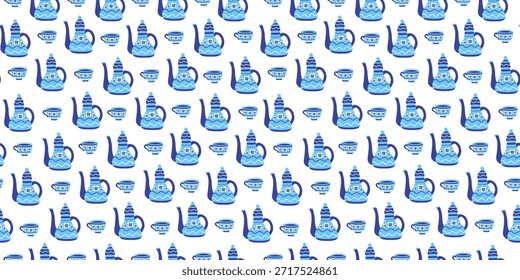 Um padrão de desenho animado bonito com um bule de chá e xícara de chá. Uma bebida quente, saudável e quente. Um conjunto de brilhantes, pintados à mão de cerâmica teaware. Plano de fundo perfeito.