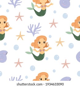 Cute cartoon pattern with fish and a little mermaid. Sea bottom, charming sea characters