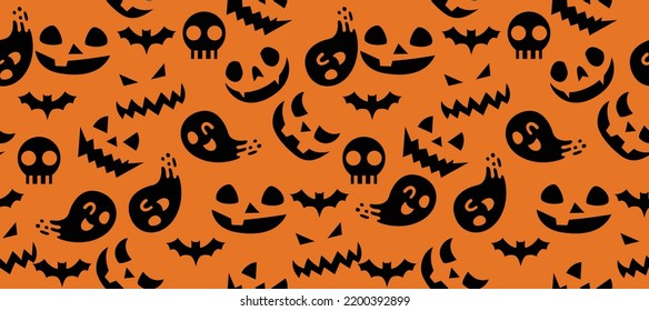 lindo patrón de dibujos animados de Halloween Jack O's. Cute plantilla feliz día de Halloween para tarjetas de felicitación, cumpleaños, invitaciones, etiquetas y decoraciones de fiestas. diablo, murciélago, monstruo, calabaza, fantasma, calavera.