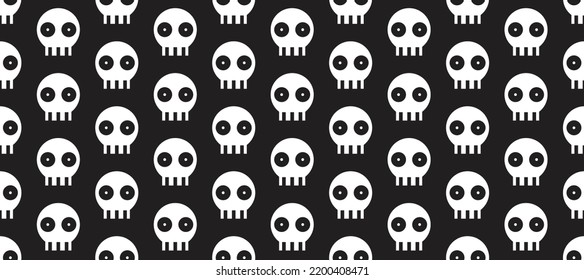 cute cartoon pattern of a Halloween skull on black background. seamless skull black and white pattern vector celebration Halloween  for wrapping paper gifts, decoration, fashion and 
greeting card.