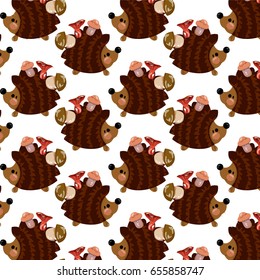 Cute cartoon pattern with hedgehogs and mushrooms