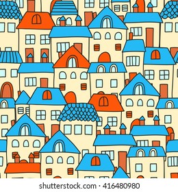 Cute cartoon pattern with houses. Seamless vector background.