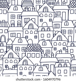 Cute cartoon pattern with houses. Vector city seamless pattern. Seamless vector background.