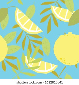 Cute cartoon pattern with lemons and green branches and leaves. Slices of lemon. For print, textile, gift wrapping