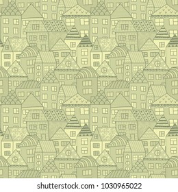 Cute cartoon pattern with tiny houses and trees. Hand drawn seamless ornament with hand drawn town.