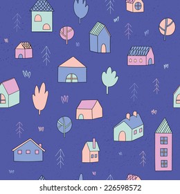 Cute cartoon pattern with tiny houses and trees. Hand drawn seamless ornament with hand drawn town