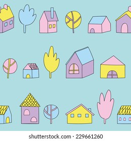 Cute cartoon pattern with tiny houses and trees. Hand drawn seamless ornament with hand drawn town