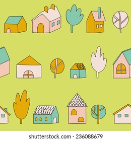 Cute cartoon pattern with tiny houses and trees. Hand drawn seamless ornament with hand drawn town