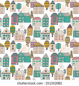 Cute cartoon pattern with tiny houses and trees. Hand drawn seamless ornament with hand drawn town