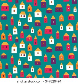 Cute cartoon pattern with tiny houses. Seamless vector background.
