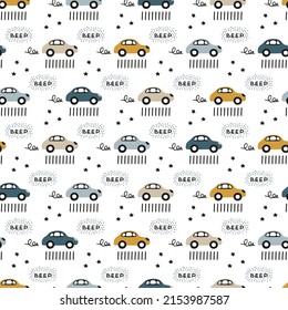 Cute cartoon pattern with toy cars for prints of boyish children's fabrics in scandinavian style on  light white background. Childish seamless transport wallpaper. Hand-drawn kids picture of vehicle.