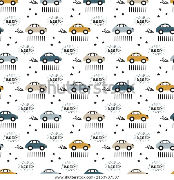Cute cartoon pattern with toy cars for prints of\
boyish children\'s fabrics in scandinavian style on  light white\
background. Childish seamless transport wallpaper. Hand-drawn kids\
picture of vehicle.