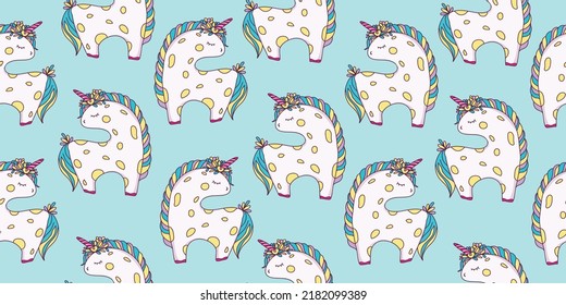 Cute cartoon pattern with unicorns. Vector illustration on a blue background. Children's print.