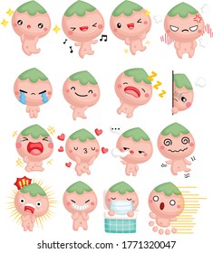 a cute cartoon peach boy with many emotion