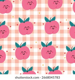 cute cartoon peach character drawing seamless pattern. cute fruit with checkered wallpaper for gift wrap paper