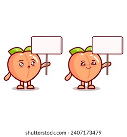 Cute cartoon peach character holding blank board in vector flat cartoon style illustration.