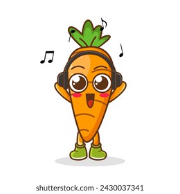 Cute cartoon peach character listening to music and enjoy. Vector character illustration icon isolated on white. peach Fruit cartoon mascot character Listening music on a headset
