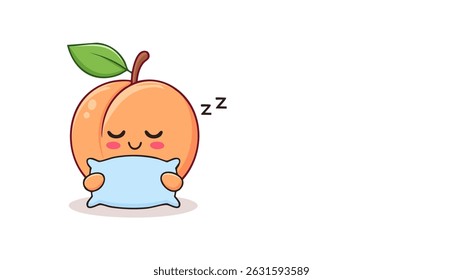 Cute cartoon peach character sleeping peacefully with pillow and closed eyes. Adorable bedtime fruit illustration for kids and education content