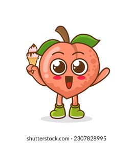 Cute Cartoon peach fruit character holding ice cream cone