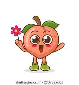 Caricatura de melocotón con un personaje de frutas con una flor