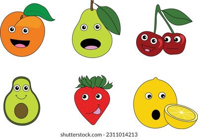 Cute cartoon peach, pear, strawberry, cherries, lemon, avocado. Cartoon fruit and vegetables character set. Funny emoticon in flat style. Food emoji vector illustration