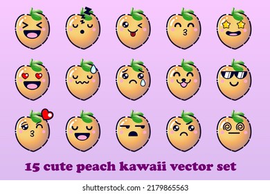 Cute Cartoon Peaches Fruit With Kawaii Faces And Chibi Style Emoticon Vector Set