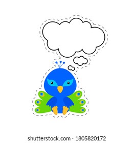 Cute cartoon peacock with speech bubble sticker. Kawaii character on white background. Cartoon sitting animal postcard clipart for birthday, baby shower, party event. Vector stock illustration.