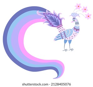 A cute cartoon peacock with an unusual tassel-like tail in blue and pink colors isolated on a white background. Beautiful vector illustration.