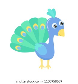 Cute cartoon peacock vector illustration. Flat design.
