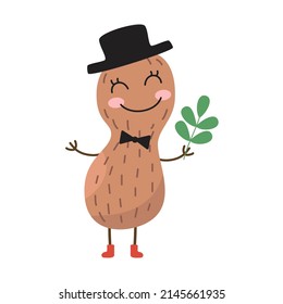 Cute cartoon peanut on white background. Vector illustration.