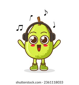 Cute cartoon pear character listening to music and enjoy. Vector character illustration icon isolated on white. pear Fruit cartoon mascot character Listening music on a headset