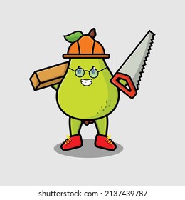 Cute cartoon pear fruit as carpenter character with saw and wood in 3d modern style design