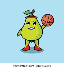 Cute cartoon pear fruit character playing basketball