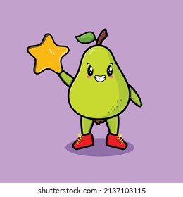 Cute cartoon pear fruit character holding big golden star in cute modern style design