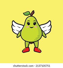 Cute cartoon pear fruit character wearing wings in modern style design